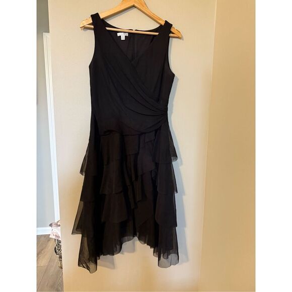 London Times Size 10 Stacked Ruffle Flounce Evening Dress Black Knee Length Glam - Picture 2 of 7